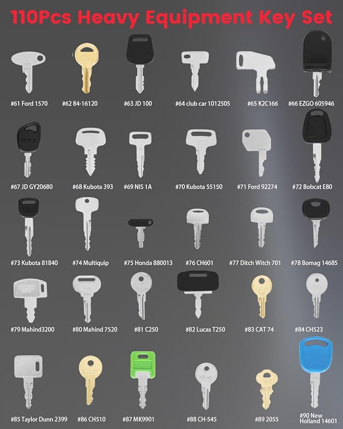 110PCS Non-Duplicate Heavy Equipment Keys Master Set Construction Ignition Key, 2 Sets of 28-Clip Marked Keychains, Operator Keys for cat John Deere Komatsu etc. Fit Excavator Forklift Tractor etc.