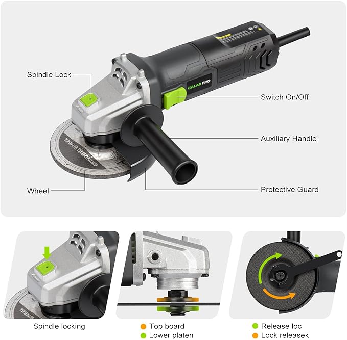 GALAX PRO Electric Angle Grinder,Equipped with 4.0 Amps Motor with 520W Max Output Power,4-1/2 inch Corded Angle Grinder 12000RPM with Cutting & Grinding Wheels,Flap Disc and Auxiliary Handle