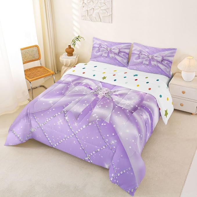 Feelyou Purple Bow Kids Comforter Set Queen Size Geometry Bowknot Bedding Set Glitter Duvet Quilt for Kids Boys Girls Bedroom Decor Microfiber Ultra Soft Breathable