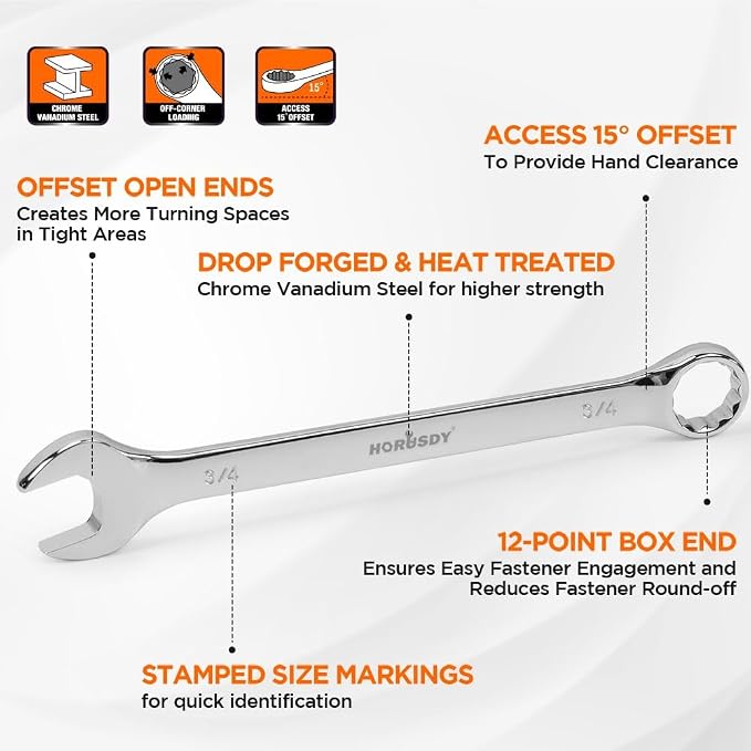 HORUSDY 15-Piece SAE Wrench Sets, Premium Combination Wrench Set Metric 1/4in-1 in, Max Torque, 12-Point, Chrome Vanadium Steel, with Storage Rack