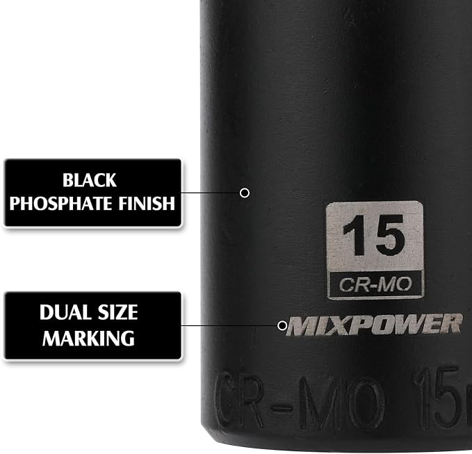 MIXPOWER 3/8" Drive Shallow Magnetic Impact Socket Set with Storage Rails, 13-Piece, 6 Point, 7-19mm, Metric, CR-MO