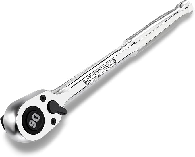 WORKPRO 1/2-Inch Drive Low-Profile Ratchet, 90-Tooth Ratchet Wrench | Quick-Release Socket Wrench for Men Women, Reversible, 4° Swing, CR-MO Compact Drive Head, Full Polished