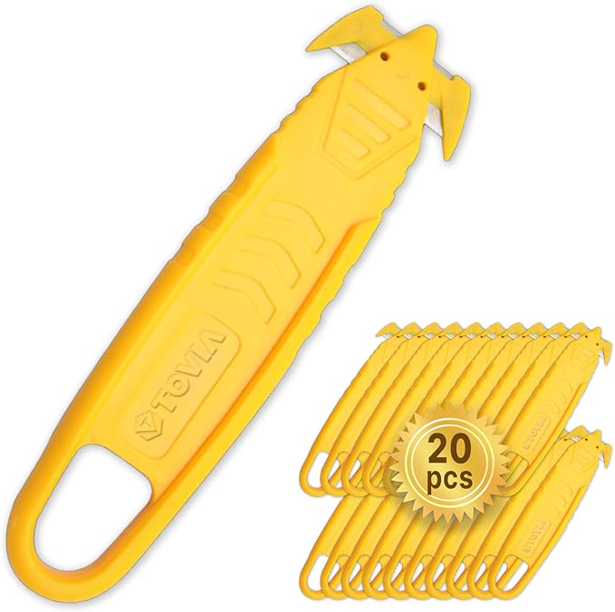 20Pcs T TOVIA Safety Box Cutter Knife of Recessed Concealed Stainless Steel Blade, Package Opener Plastic Cutter for Box, Carton, Shrink Wrap, Plastic Straps.