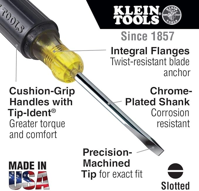 Klein Tools 605-4 1/4-Inch Cabinet Tip Screwdriver Heavy Duty 4-Inch Round Shank, Made in USA (Pack of 2)