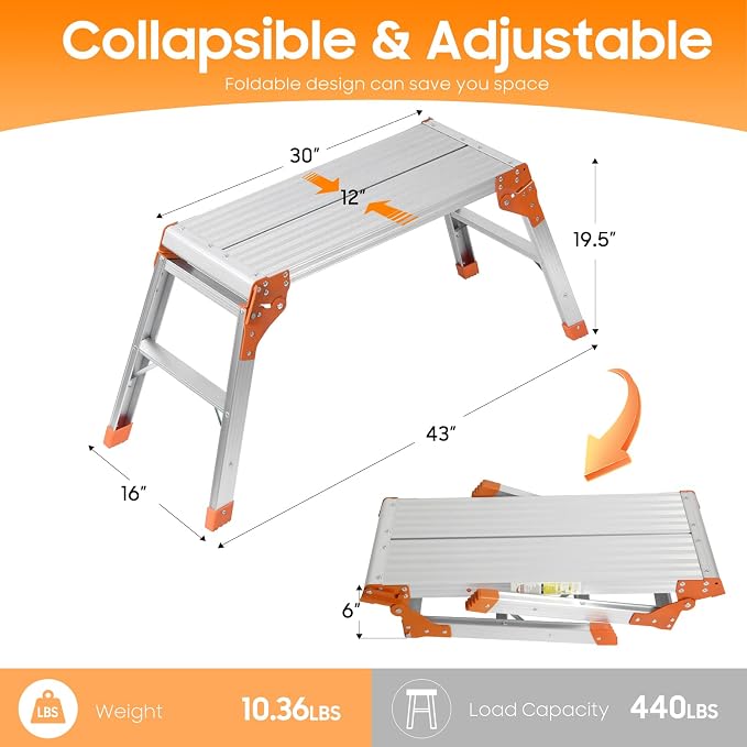 LEADALLWAY Aluminum Work Platform Step Ladder Heavy Duty Foldable 440 Lbs Capacity 30"x12"x20" Silver