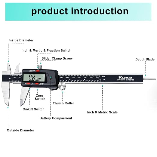 Kynup Digital Vernier Caliper, Caliper Measuring Tool, Outside Micrometer Dial Caliper with Stainless Steel, Large LCD Screen, Auto - Off Feature, Inch Metric Fraction Conversion (6Inch/150mm)