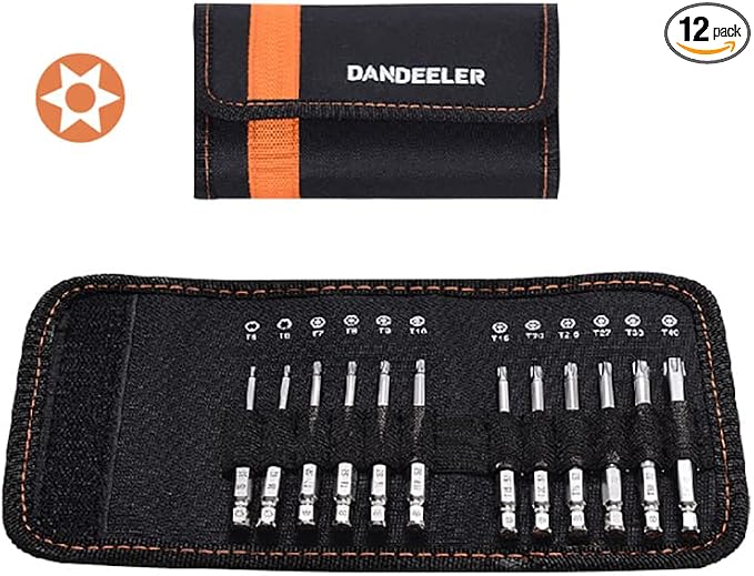 Dandeeler 12 Piece Security Torx Bit Set 3 Long, S2 Steel T5-T40, with Tool Bag 12pc Security Torx 3inch