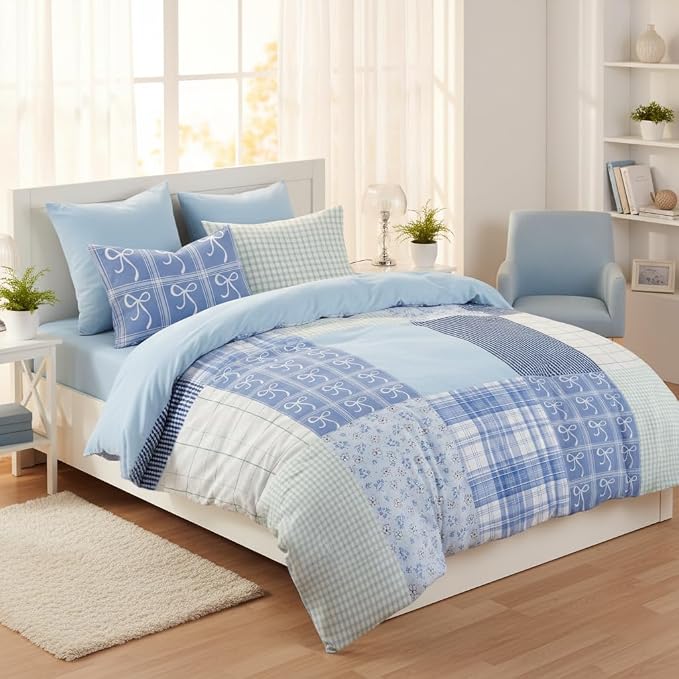 Sedefen Blue Plaid Duvet Cover Queen Size Gingham Bedding Set Kids Boys Girls Checked Bowknot Floral Spring Aesthetic Chic Soft Breathable Bedding Set 3 Pcs with 2 Pillowcases