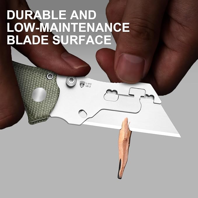 Kizer C01C Uti 2 (Tool-Free Version) Utility Knife, Button Liner Lock Box Cutter Pocket Knife with 5PCS Razor Blades, Thumb Stud Folding Knives with Green Micarta Handle for Men Women V3488.29JNA1