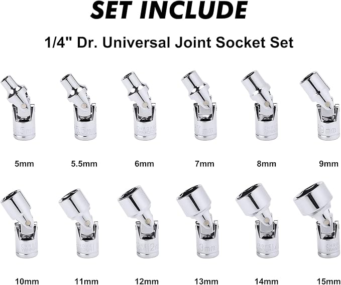 CASOMAN 12PCS 1/4" Drive Universal Flex Socket Set, Metric, 5mm to 15mm, 6-Point, CR-V, Swivel Head, 360 Degree Access