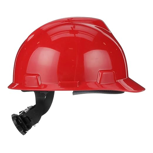 MSA 475363 V-Gard Cap Style Safety Hard Hat With Fas-Trac III Ratchet Suspension | Polyethylene Shell, Superior Impact Protection, Self Adjusting Crown Straps - Standard Size in Red