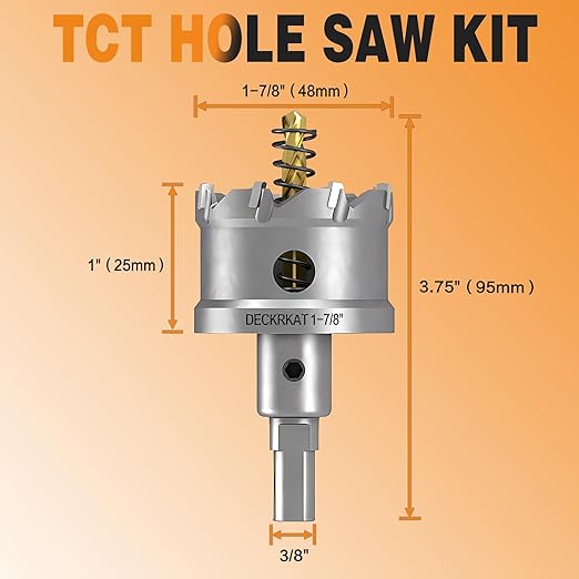 DECKRKAT 1-7/8" TCT Hole Saws for Hard Metal, Heavy Duty 48mm Tungsten Carbide Tipped Hole Cutters Set with Spring-Loaded Pilot Drill Bits for Stainless Steel, Metal, Iron, and Plastic.