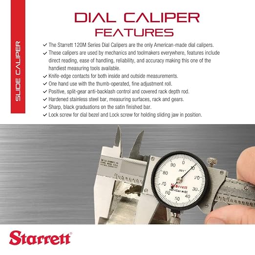 Starrett 120 Series Dial Slide Calipers for Accurate Measurement with Fitted Plastic Case - Yellow Face, 0-150mm Range, 0.02mm Graduation, +/-.03mm Accuracy - 120AM-150