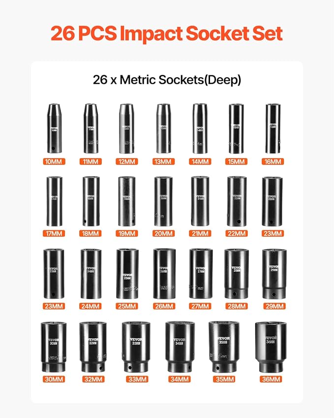 VEVOR 1/2" Drive Impact Socket Set, 26 Piece, Metric 10 to 36 mm | Deep Large Jumbo Impact Sockets, 6 Point, Cr-V, Easy-to-Read Size Markings, Rugged Construction, with Storage Case