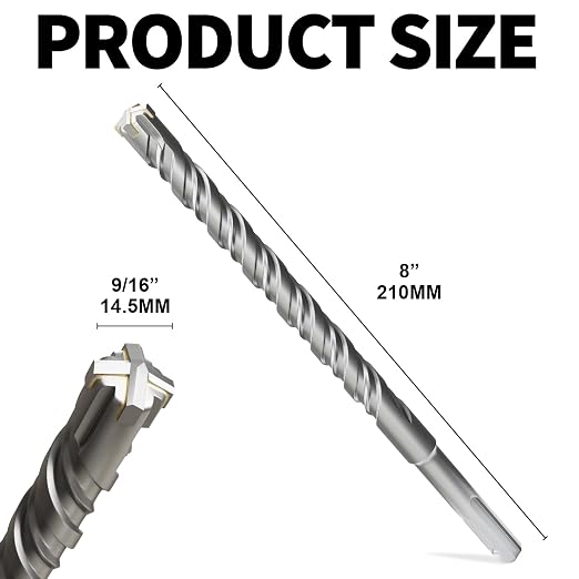 SDS Plus Rotary Hammer Drill Bits, (9/16"*8"-14.5mm*210mm) - 4 Carbide Cutting Edges, Ideal for Masonry| Heavy-Duty Masonry |Hammer Drill Bits for Precision Drilling