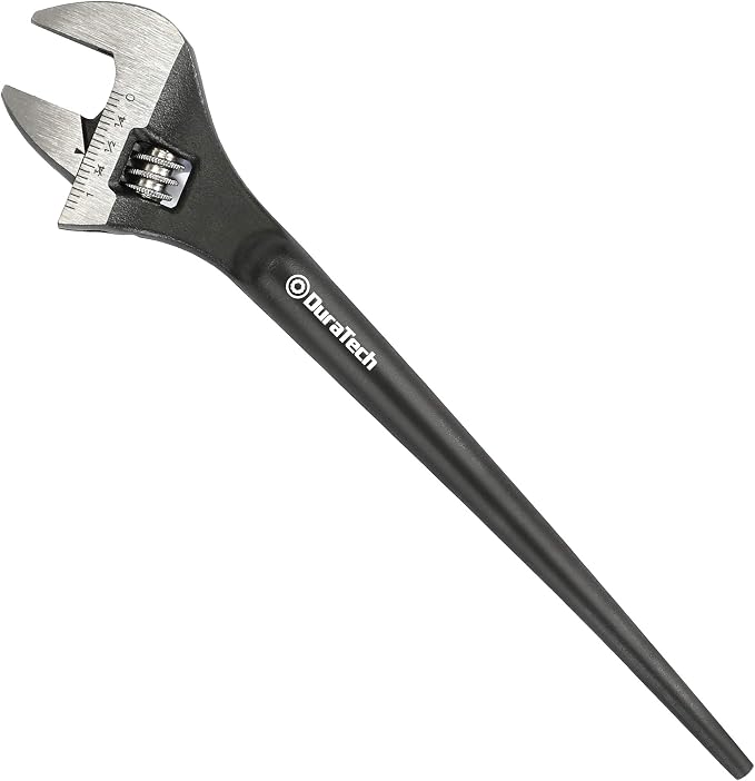 DURATECH 8-Inch Adjustable Construction Spud Wrench | Black Oxide Finish, CR-V Steel, SAE and Metric Scale Marked, Alignment Holes and Tail Crowbar Features
