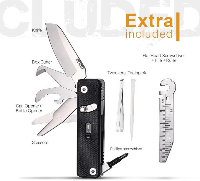 ROXON S504G Mini Flex Companion-7 in 1 Multitool EDC Pocket Knife with G10 Handle, Box Cutter, Short Sheepsfoot Blade, Short Scissors, Bottle & Can Opener, 4mm Bit, Tweezers and Toothpick