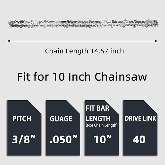 4 Pack 10 Inch Chainsaw Chain S40 3/8" LP Pitch .050" Gauge 40 Drive Links, 10-inch Replacement Chains Fits Remington, Greenwork, Sunjoe, Worx, Craftsman and More