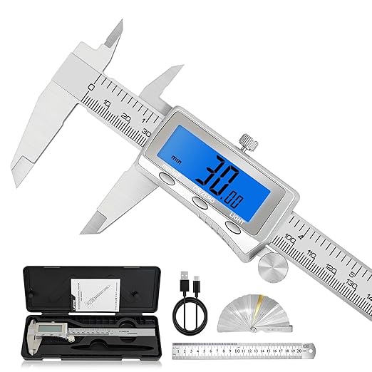 Digital Caliper 6 Inch, Rechargeable Calipers with Backlight LCD Screen, Stainless Steel Caliper Measuring Tool, Auto-Off Micrometer, Inch/MM/Fraction Conversion for 3D-Printing/DIY/Household