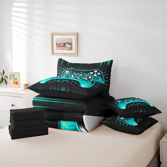 Erosebridal Boys Gamer Bed in a Bag King Size Comforter Set 7 Pieces Ombre Art Honeycomb Sheet Set Teal Neon Lights Bedding Set Game Consoles Bed Set Geometry Hexagon Beehive Gaming Room Decor