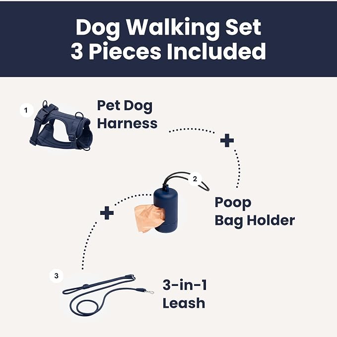 No Pull Dog Harness and Leash Set 3-in-1 Adjustable Anti Pull Dog Harness with Hands-Free Matching Leash,Poop Bag Holder,Easy Walk Dog Harness Extra Small Sized Dog(Navy Blue)