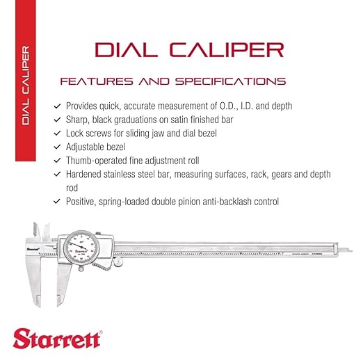 Starrett Dial Caliper with Adjustable Bezel and Fitted Case - White Face, 0-12" Range, -0.001" Accuracy, .001" Graduation - 3202-12