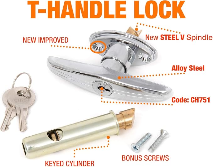 Oswald Supply T Handle and Latch Set, Chrome Locking with V- Spindle, Round Bolt/Plunger Latch, Midland Style with Keys and Hardware for Trash Chute and Linen Chute Doors