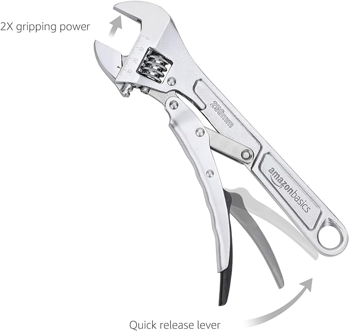 Amazon Basics 10 inch Locking Adjustable Wrench, Precision Machined, Rust Resistant, 2.7 inch x 0.75 inch