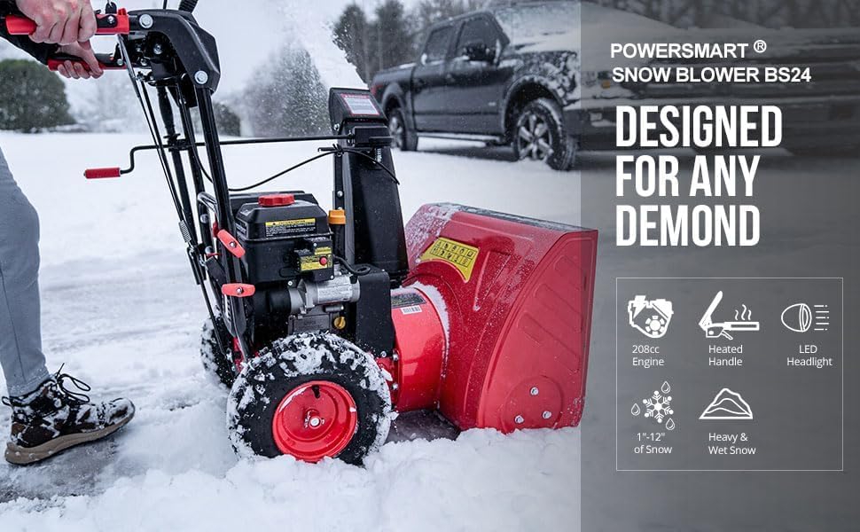 PowerSmart 24-Inch Gas Snow Blower with 212cc Engine, Electric Start, and 6 Forward/2 Reverse Speeds, Two-Stage, Self-Propelled Snow Blower with LED Lights
