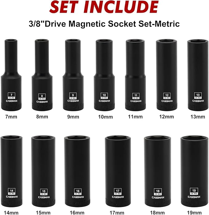CASOMAN 13PCS 3/8"Drive Magnetic Impact Socket Set, Deep, 6-Point, Metric, 7mm to 19mm, CR-MO