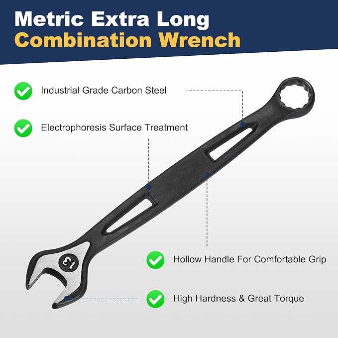 HARFINGTON Combination Wrench 13mm Metric Extra Long 12-Point Box and Open End Carbon Steel Double Ended Industrial Grade Spanner for Automotive Furniture Machinery DIY Repair, Black