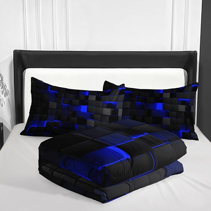 Nttopship Geometric Blue Black Comforter Set,Light Honeycomb 3 Piece Bedding Set Full Size for Teen Boys,Modern Quilt Set Geometry Decor,Microfiber Lightweight 1 Comforter 2 Pillowcases All Season