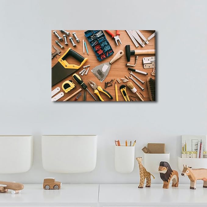 Construction Instruments Background Picture 1 Panels Canvas Wall Art Living Room Assorted Woodwork Carpentry or Construction Tools Poster Framed Artwork for Farmhouse Bedroom Wall Decor (12" Wx18 H)