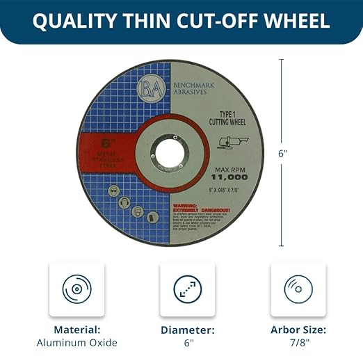 Benchmark Abrasives 6" Aluminum Oxide Self-Sharpening Type 1 Cut Off Wheels, Precise Metal and Steel Cutting, 0.045" Thick, 7/8" Arbor, Angle Grinder Cutting Disc, 100-Count