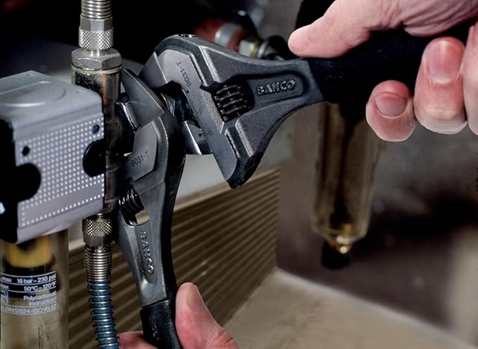 Bahco BAH9031RTUS Ergo Big-Mouth Adjustable Wrench Thin Jaw Wide Mouth with Rubber Handle - 8 Inch - Black Phosphate Finish