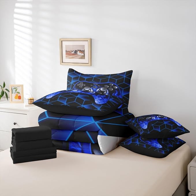 Game Consoles 7 Piece Comforter Set Full Bed in a Bag,Neon Geometric Bedding Set,3D Geometric Gamer Comforter and Sheet Set Blue Flame Bed Set,Gaming Decor for Boys Bedroom Decor Gamer Gifts