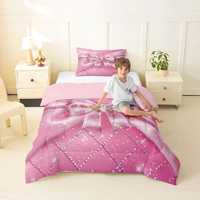 Feelyou Pink Bowknot Comforter Set All Season Ribbon Glitter Bow Bedding Set with 1 Pillow Cases Dreamy Princess Microfiber Kids Toddler Bedclothes Bedroom Decor Duvet Quilt Breathable Soft
