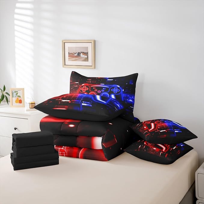 Gamer Comforter Set 7 Piece Bed in a Bag Twin, Gaming Bedding Sets Neon Lights Video Game Console Comforter and Sheet Set, Red Blue Brick Cube Room Decor,Gaming Room Decor for Boys