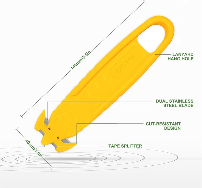 T TOVIA Safety Box Cutter Knife of Recessed Concealed Stainless Steel Blade, Package Opener Plastic Cutter for Box, Carton, Shrink Wrap, Plastic Straps, 10pcs