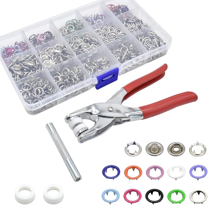 200 Sets Metal Snaps Fasteners Kit 9.5mm 10 Colors Metal Prong Ring Button with Fastener Pliers Press Tool for Sewing and Crafting