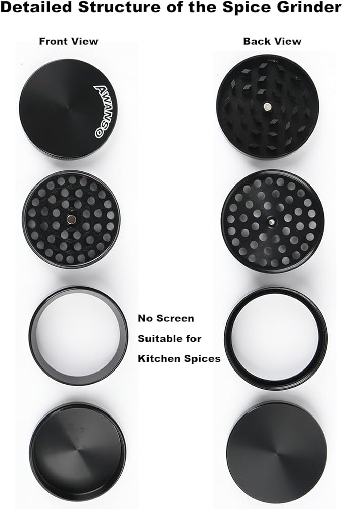 2" Grinder, Screen-Free, 3-Piece 4-Part Design, Zinc Alloy Grinder for Kitchen Spice, Black