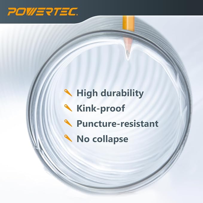 POWERTEC 2-1/2" x 20' PVC Dust Collection Hose with 2pcs Stainless Steel Key Hose Clamps for Table Saw, Band Saw, Router Table, Belt Sander, Woodworking and Wood Shop Dust Collection System (70243V)