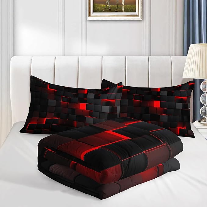 Nttopship Geometric Red Black Comforter Set,Light Honeycomb 3 Piece Bedding Set Full for Boys,Modern Bedding Set Microfiber Lightweight 1 Comforter 2 Pillowcases