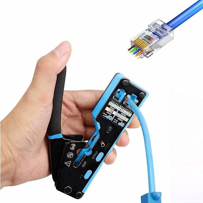 Network Tool kit, Pass Through RJ45 Crimp Tool kit, Ethernet Crimper Cat6 Cat5e Cat5 Crimping Tool with Wire Tracker, 110/88 Punchdown Tool, Cat6 Pass Through Connectors, Wire Stripper