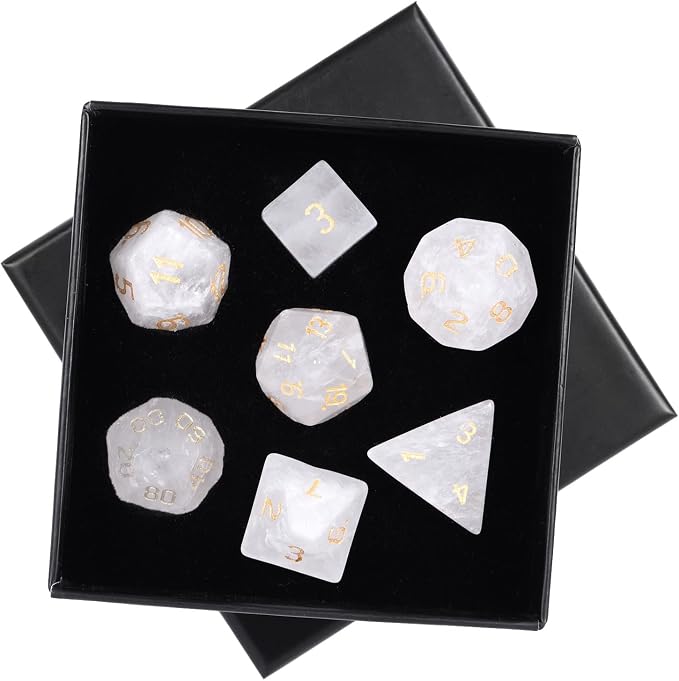 mookaitedecor 7 PCS Rock Quartz Crystal Polyhedral DND Dice Set, Polished Tumbled Stones Dices for RPG MTG Table Games Home Decoration