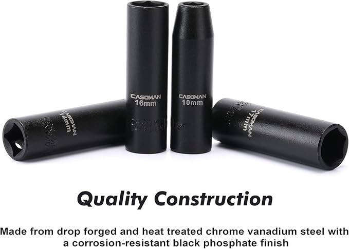CASOMAN 11 Pieces 1/2-Inch Drive Deep Impact Socket Set, 6-Point, Metric, 10mm to 24mm