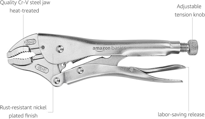 Amazon Basics 5-Piece CR-V Locking Pliers Set with Wire Cutters, 2 Straight Jaw, 3 Curved Jaw, 6.5-10 inch, Silver, Carrying Case