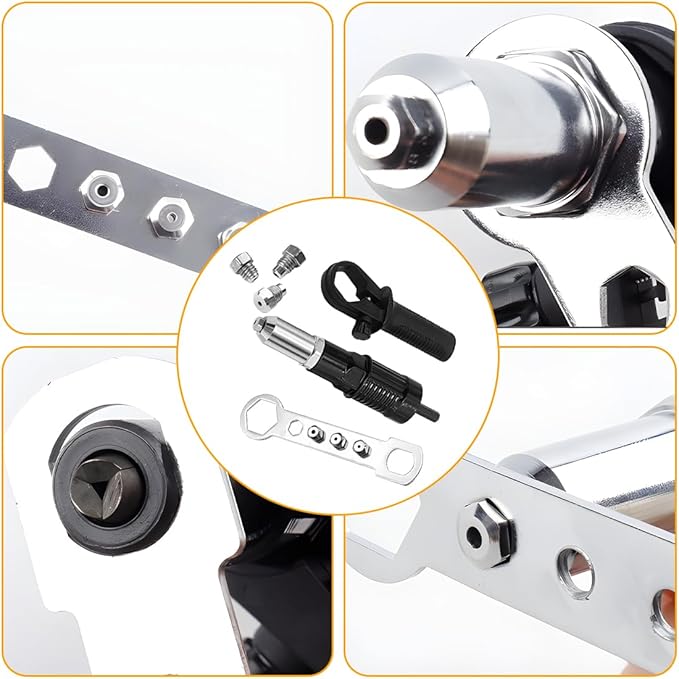 Car Pop Rivet Gun Adapter Kit, Electric Riveter Gun Power Drill Attachment with 4 Riveting Heads, Cordless Auto Riveting Handle Tool Drill Adaptor, Universal for Vehicles
