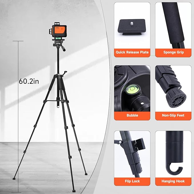 DOVOH 4D Laser Level with Tripod : Dual Batteries Laser Level 360 Self Leveling Green Hard Toolbox for Construction Floor Tiling Ceiling, Class Ⅱ, Y4-360G-KIT