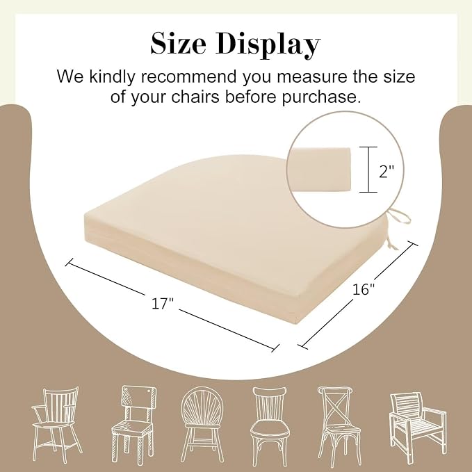 Cozyide Outdoor Chair Cushions, Waterproof Patio Seat Cushions with Adjustable Straps, Round Corner Patio Chair Cushions for Garden, Beige, 17x16x2 Inch (Pack of 2)